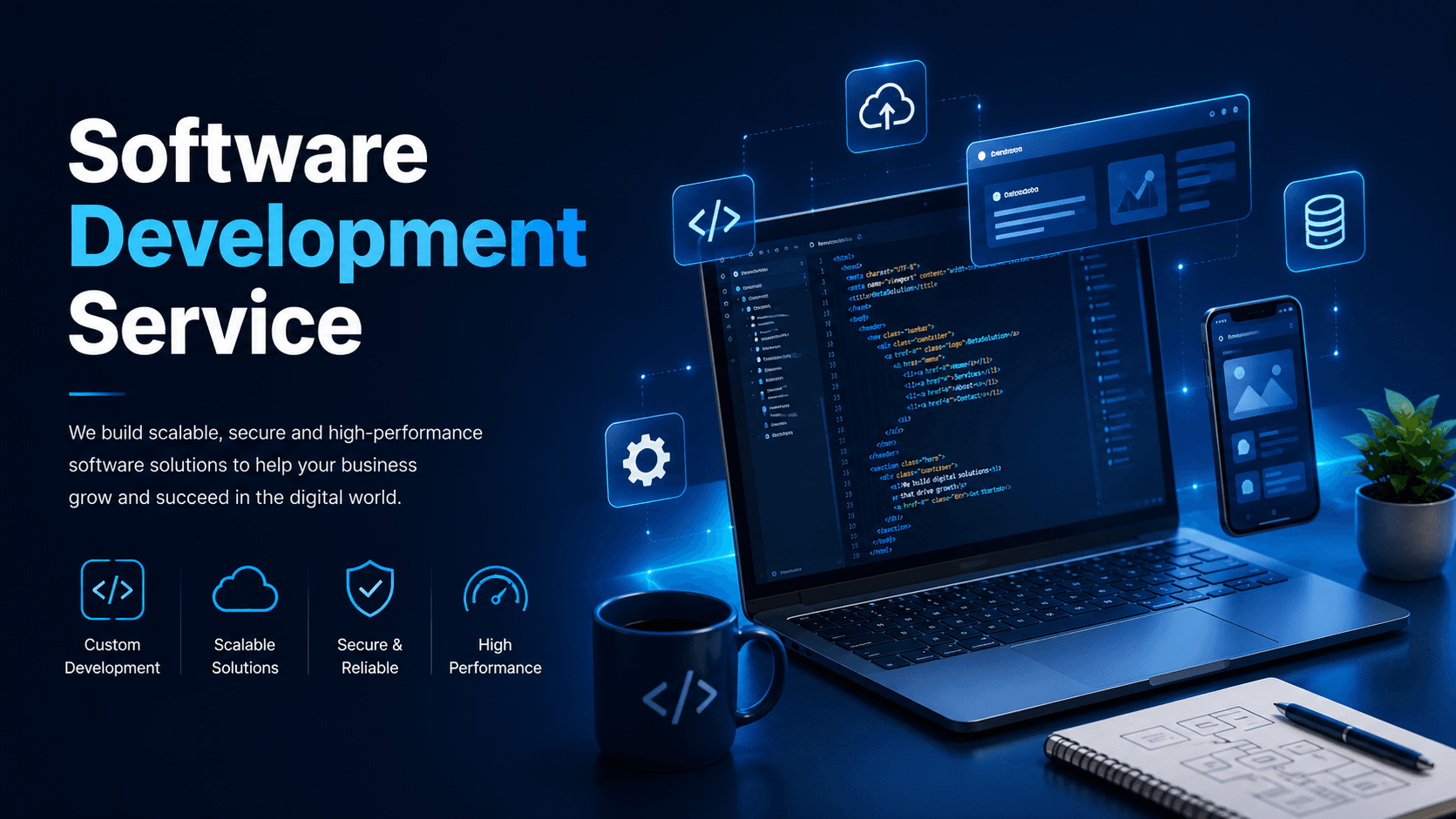 Software development service visual with code editor, cloud, database, and responsive app elements