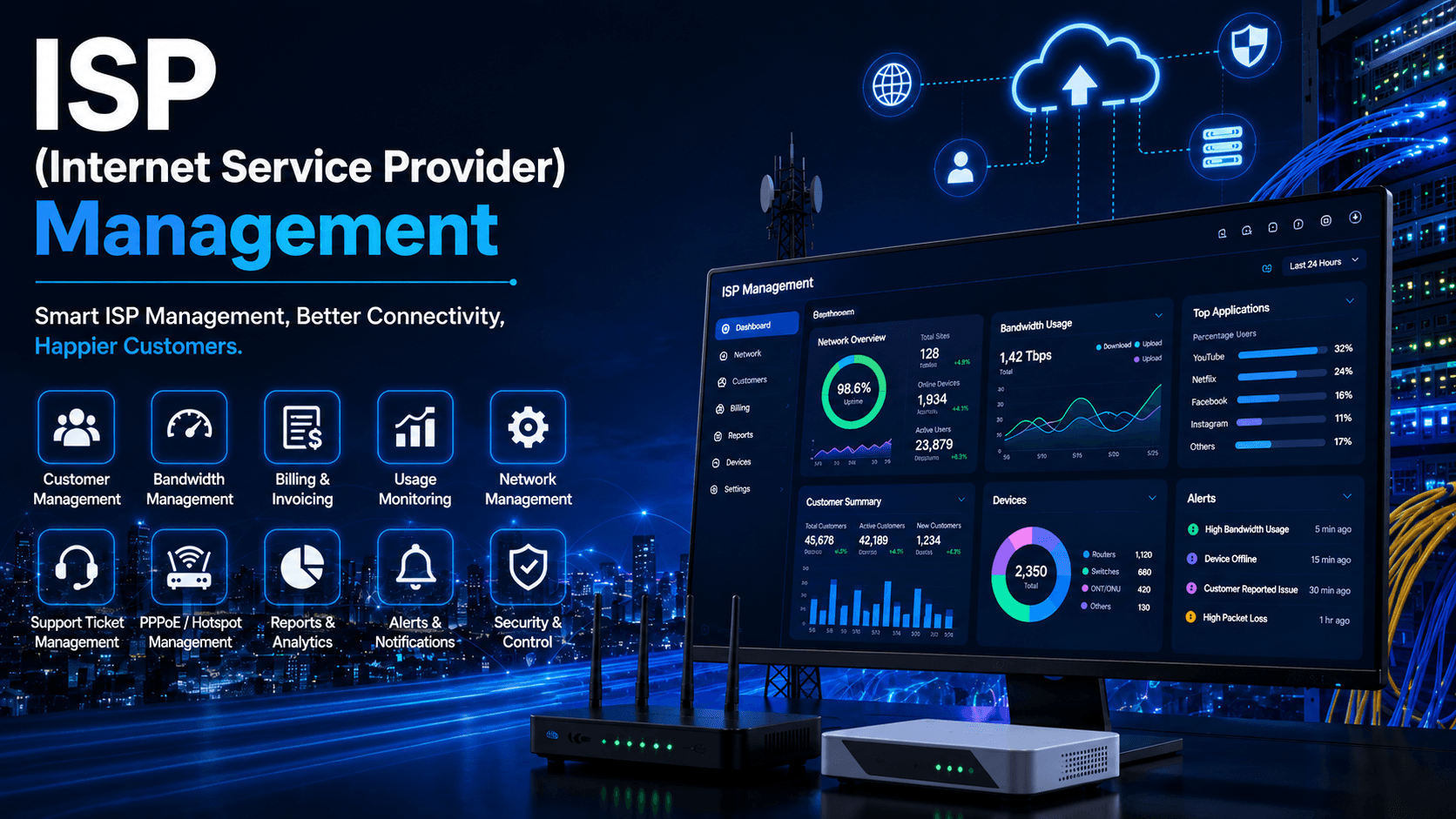 ISP management software dashboard with bandwidth, devices, customer summary, and alerts