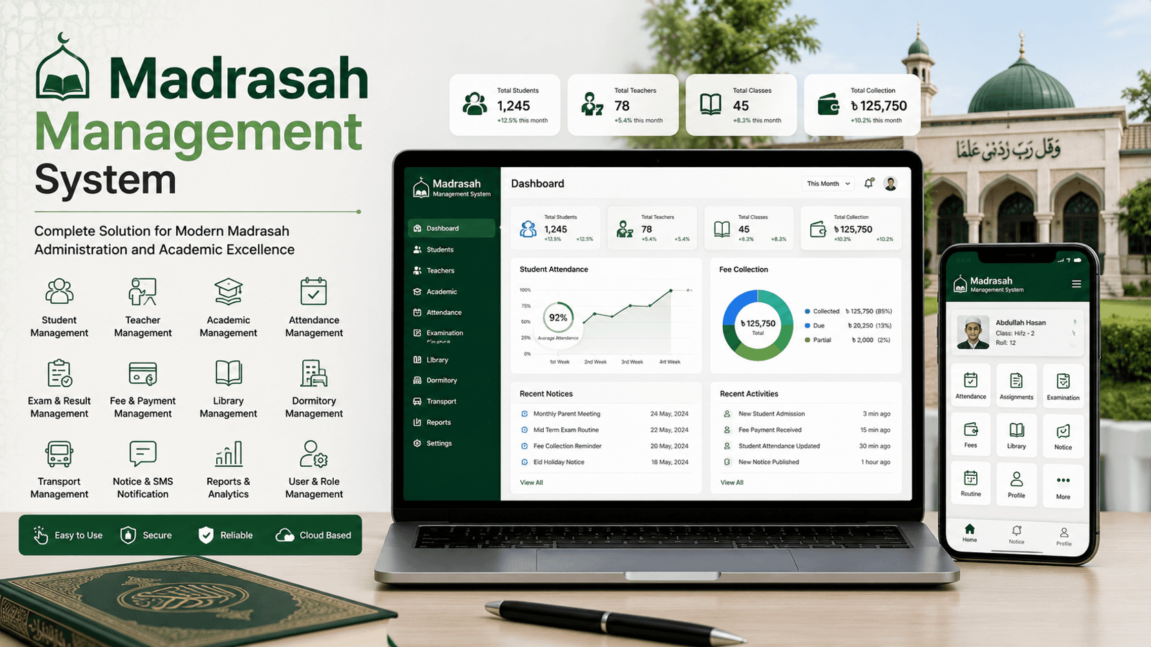 Madrasah management software dashboard with student, class, and accounts modules