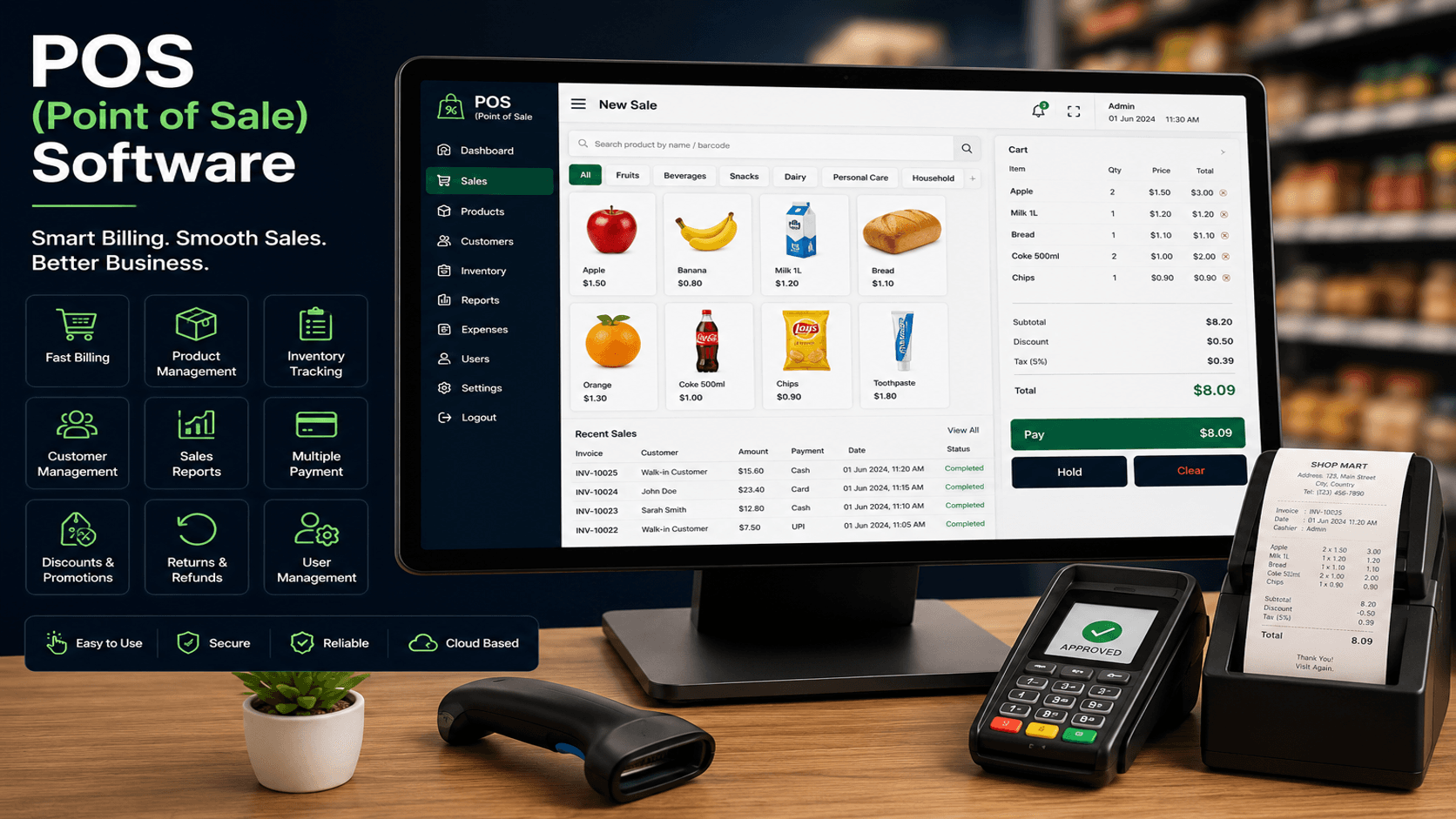 POS software visual with billing inventory and analytics modules