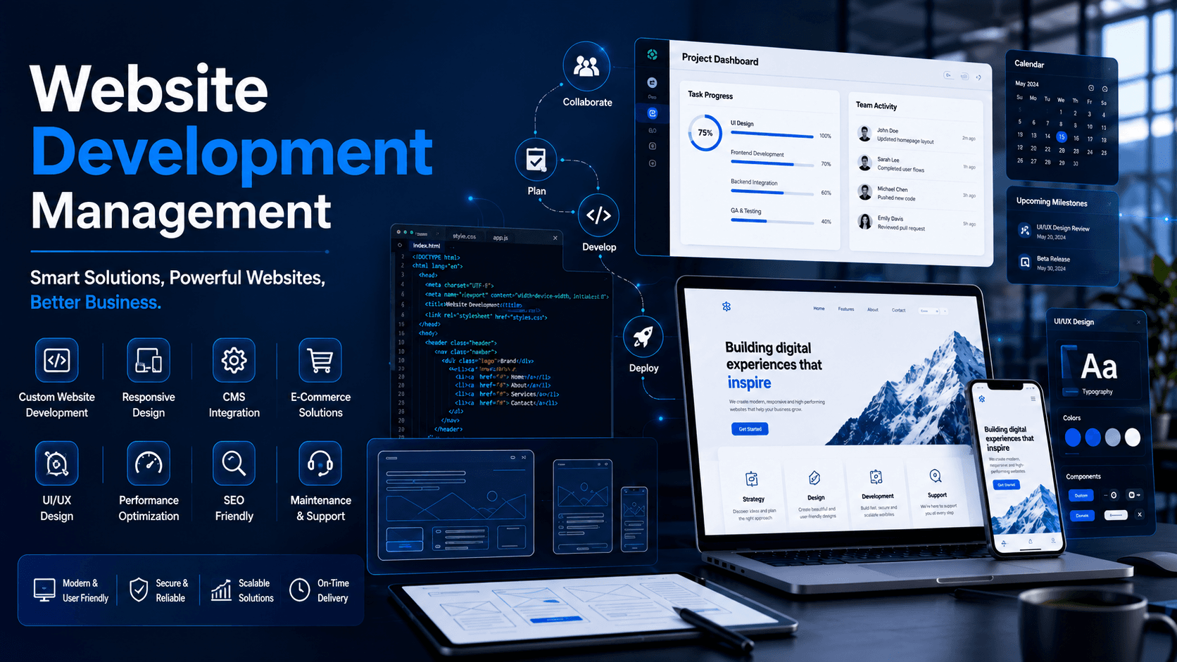 Website development workspace with project dashboard, responsive design, and web development panels