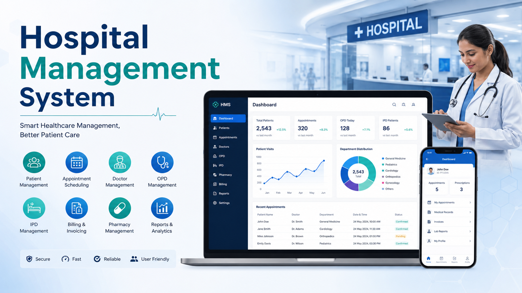 Hospital management software dashboard with patient, billing, and analytics modules
